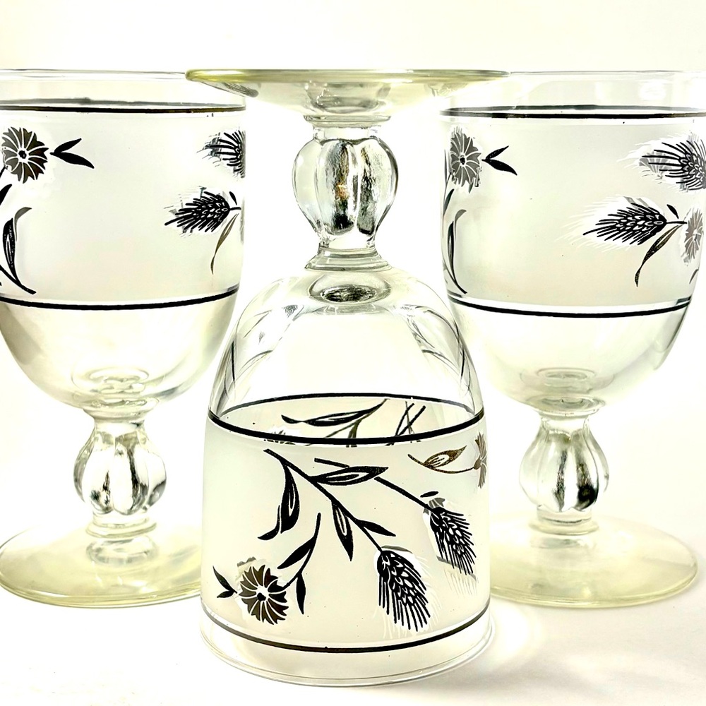 Rare Vintage Libbey Frosted Silver Gray Wheat Pattern Water Wine Glasses Set